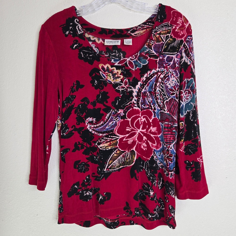 Chicos Travelers‎ Top 0 Small Red Floral Paisley Art Travel Boho 90s